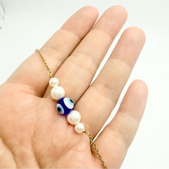 Gold Tone Chain Necklace with Evil Eye and Faux Pearl Beads - Picture 5 of 9